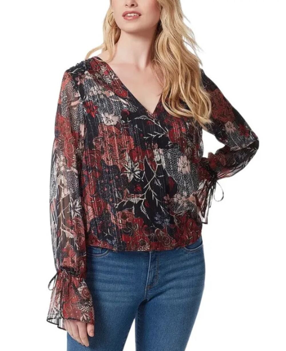 JESSICA SIMPSON Womens Aurora Top Small Red Black Floral Print NWT